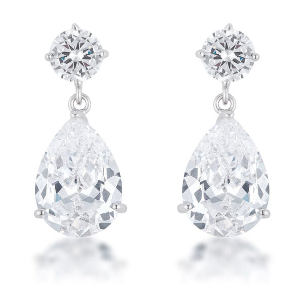 Stud earrings with round top stone and large teardrop-shaped drop stone, white-toned metal