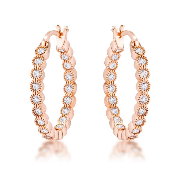 Rose gold plated hoop earrings with a dotted bezel of round clear CZ stones