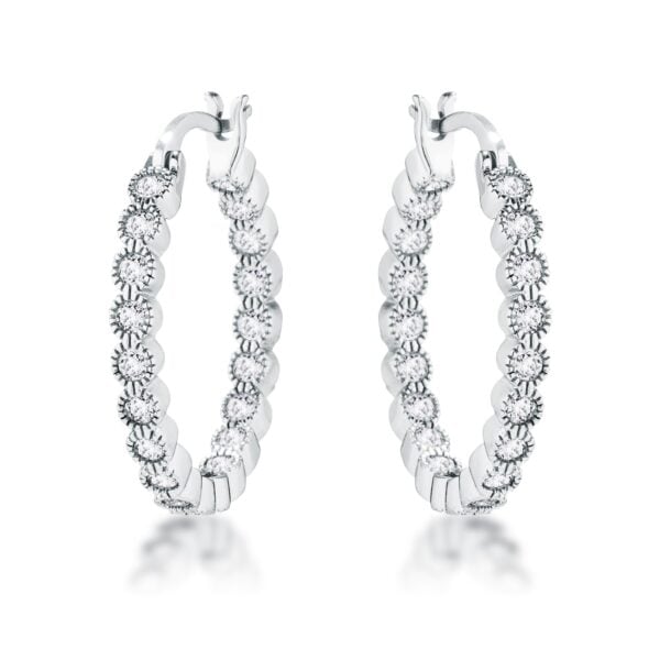 Silvertone plated over rhodium plated hoop earrings with clear CZ stones in a dotted round bezel
