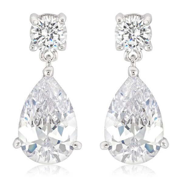 Drop earrings with round cubic zirconia in prong settings, rhodium plated over lead free alloy (brass), and butterfly (post) backing.