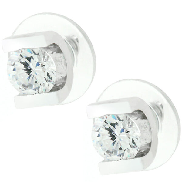 Pair of rhodium plated over lead free alloy (brass) stud earrings with round 6 Mm cubic zirconia in a bar set design.