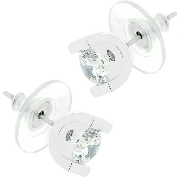Rhodium plated over lead free alloy (brass) stud earrings with round 6 Mm cubic zirconia and disc (post) backings.