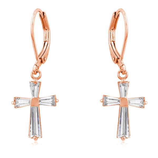 Rose gold plated over lead free alloy (brass) cross drop earrings with baguette cubic zirconia in prong settings.