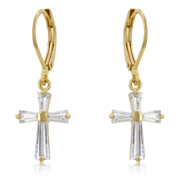 Pair of goldtone cross earrings with cubic zirconia stones set in prongs, lever backing visible
