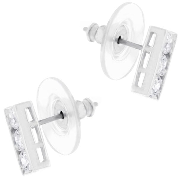 Rhodium plated over lead free alloy (brass) slate stud earrings with round cubic zirconia and post backings.