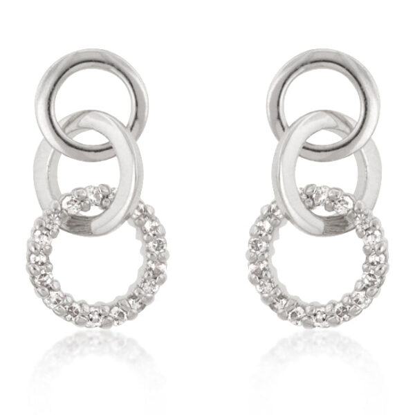 Triplet hooplet earrings in rhodium plated over lead free alloy (brass) with round cubic zirconia stones in prong settings.