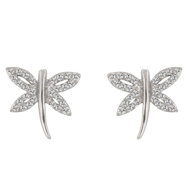 Dragonfly stud earrings with 1 Mm round cubic zirconia in prong settings and rhodium plated over lead free alloy (brass)