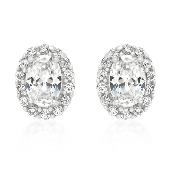 Clear oval cubic zirconia stud earrings, prong set in rhodium plated over lead free alloy (brass), with Butterfly (post) backings.