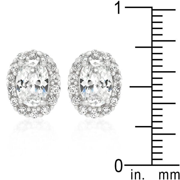 Clear oval cubic zirconia stud earrings with prong settings, Butterfly (post) backings, and rhodium plated over lead free alloy (brass).