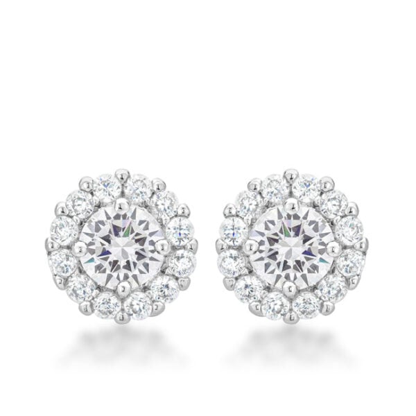 Clear round cubic zirconia stud earrings in prong settings, rhodium plated over lead free alloy (brass)
