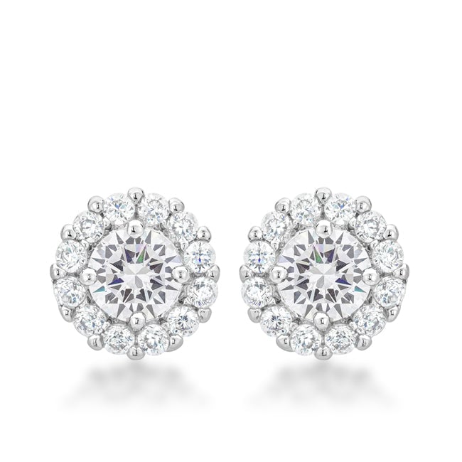 Clear round cubic zirconia stud earrings in prong settings, rhodium plated over lead free alloy (brass)