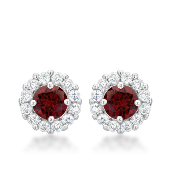 Pair of rhodium plated over lead free alloy (brass) stud earrings with round garnet-colored cubic zirconia in prong settings