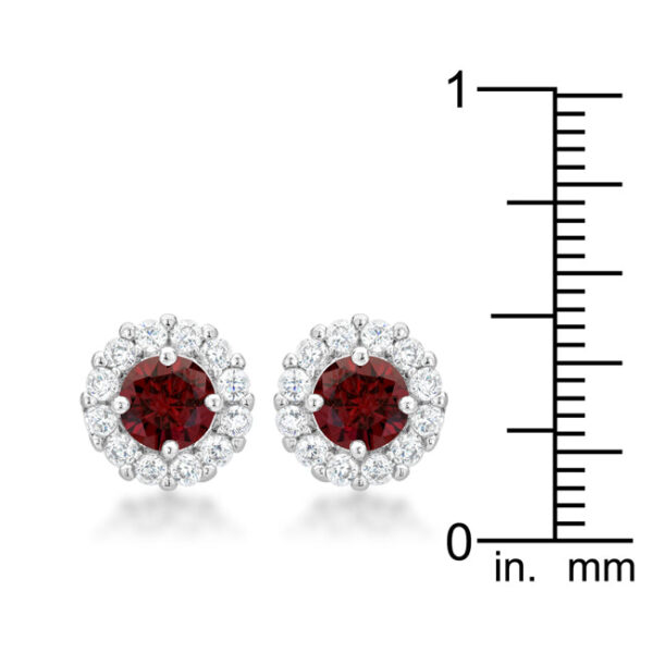 Classic rhodium plated over lead free alloy (brass) stud earrings with garnet-colored cubic zirconia and Butterfly (post) backings