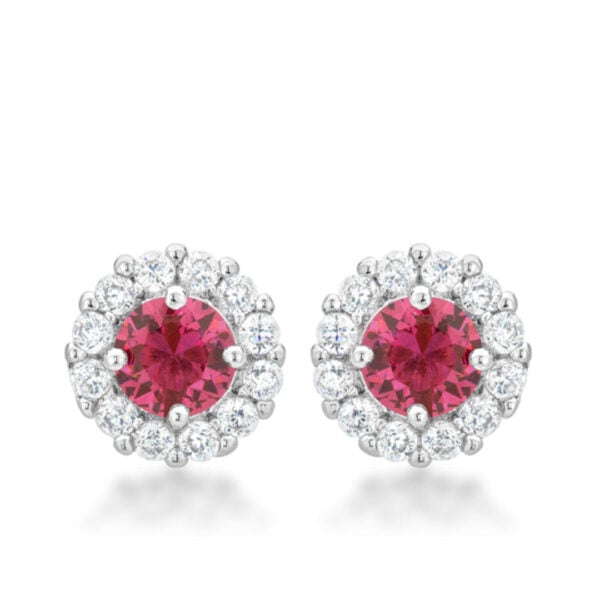 Pink round cubic zirconia stud earrings in prong settings, rhodium plated over lead free alloy (brass).