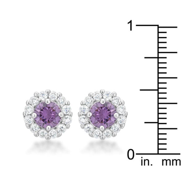 Purple round cubic zirconia stud earrings with prong settings and butterfly back fastening.