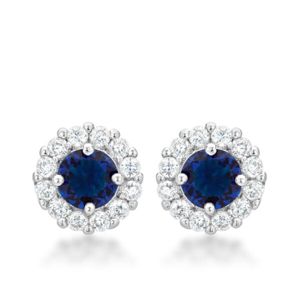Blue round cubic zirconia stud earrings in prong settings with Butterfly (post) backings and rhodium plated over lead free alloy (brass).