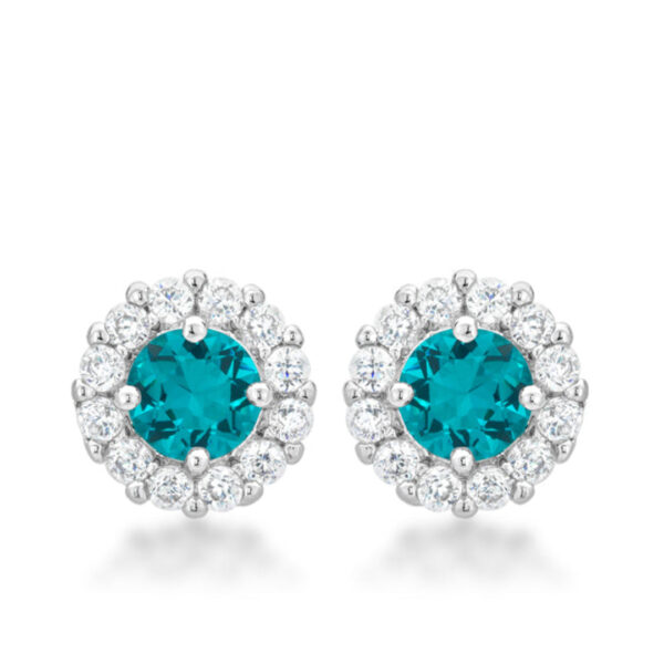 Pair of aqua earrings with round cubic zirconia stones set in prongs on a rhodium plated finish