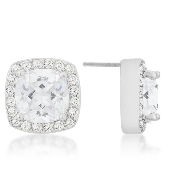 Clear cushion-cut cubic zirconia earrings in rhodium plated over lead free alloy (brass).