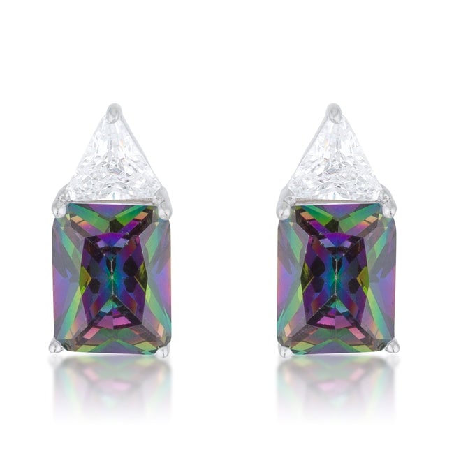 Classic mystic stud earrings with trillion-cut cubic zirconia in prong settings, rhodium plated over lead free alloy (brass).