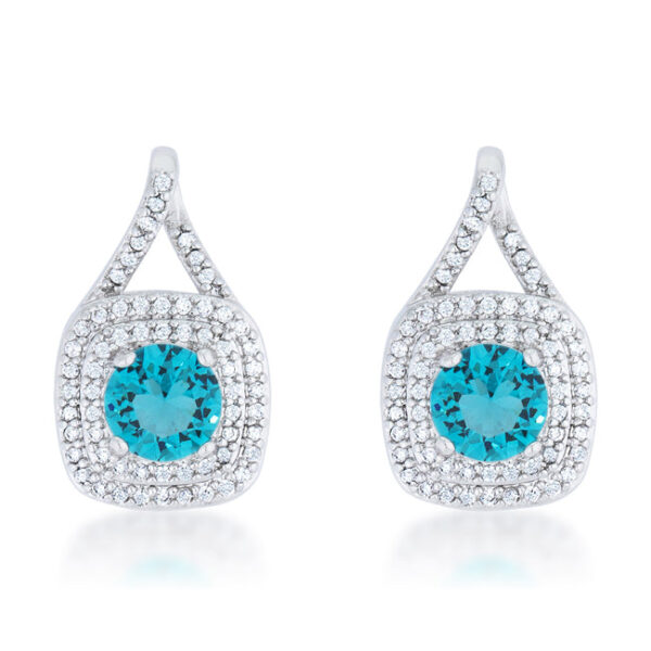 Pair of classic drop earrings with round aqua cubic zirconia in prong settings and rhodium plated over lead free alloy (brass).