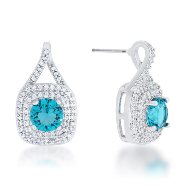 Classic drop earrings with round aqua cubic zirconia held in prong settings, rhodium plated over lead free alloy (brass).
