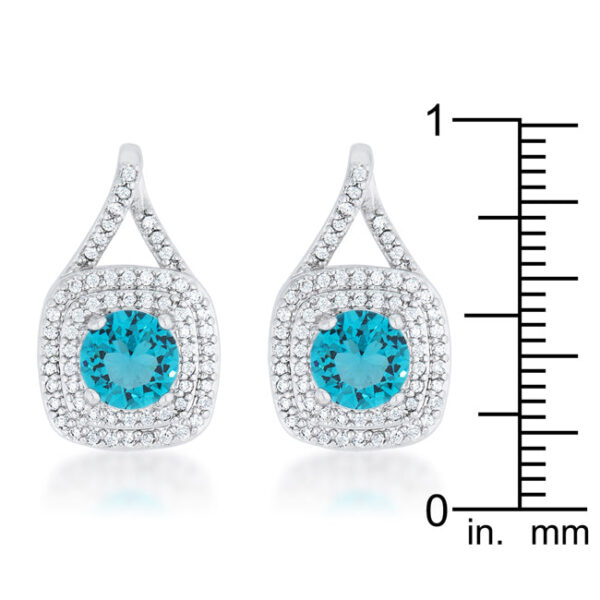 Round aqua cubic zirconia classic drop earrings with prong settings and post backs, rhodium plated over lead free alloy (brass).
