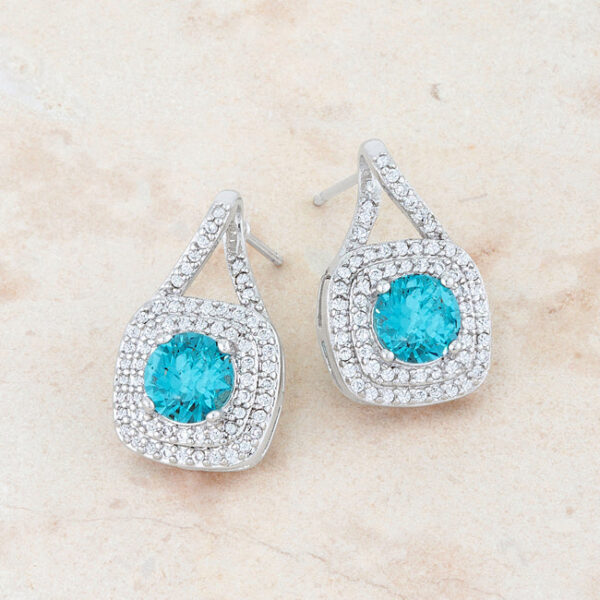 Aqua cubic zirconia drop earrings with round stones in prong settings, rhodium plated over lead free alloy (brass).