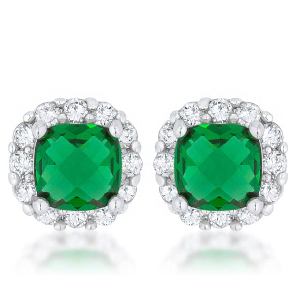 Cushion stud earrings in rhodium plated over lead free alloy (brass) with emerald-colored cubic zirconia.