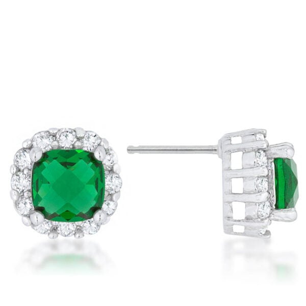 Prong-set emerald-colored cubic zirconia cushion stud earrings in rhodium plated over lead free alloy (brass).