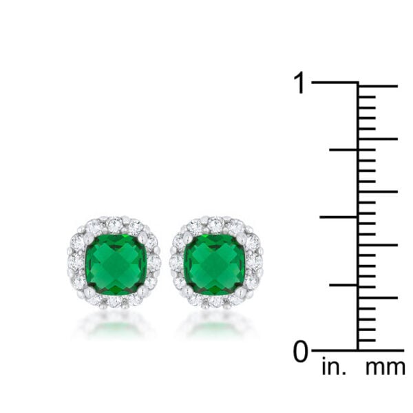 Cushion stud earrings with Post Back closures, rhodium plated over lead free alloy (brass), and emerald-colored cubic zirconia.