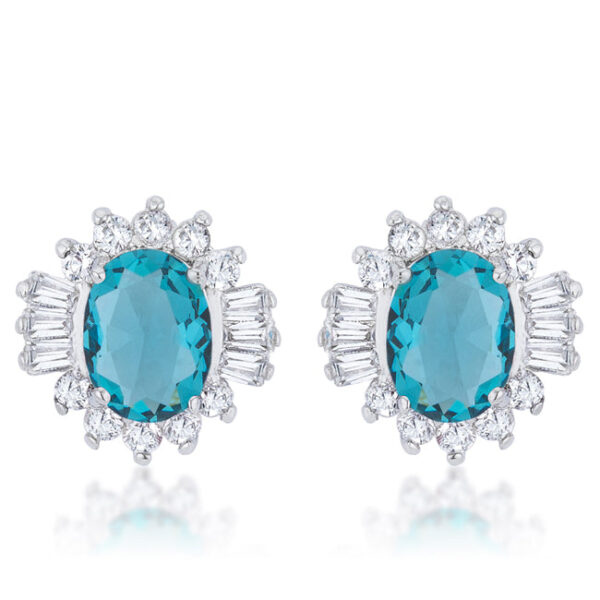 Aqua cubic zirconia stud earrings with baguette and oval cuts, prong set in rhodium plated over lead free alloy (brass).