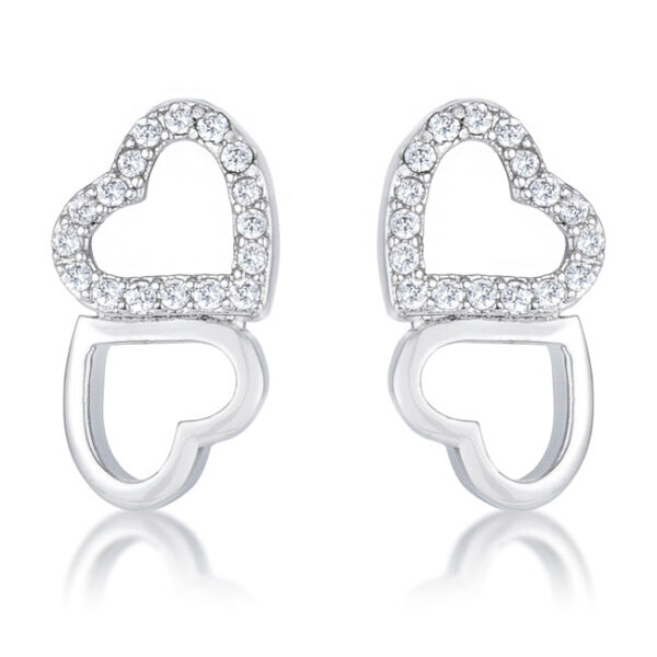 Melded hearts stud earrings with round cubic zirconia, rhodium plated over lead free alloy (brass), and post backings.