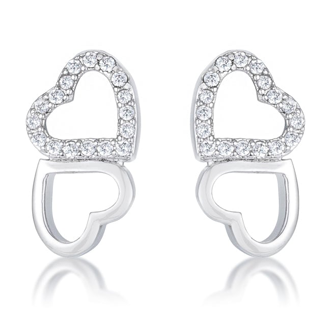 Melded hearts stud earrings with round cubic zirconia, rhodium plated over lead free alloy (brass), and post backings.