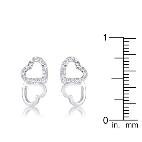 Melded heart stud earring with round 1mm cubic zirconia, rhodium plated over lead free alloy (brass).