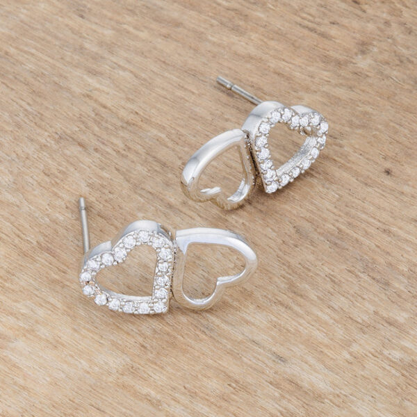 Melded hearts stud earrings with post backings, rhodium plated over lead free alloy (brass), and round cubic zirconia.