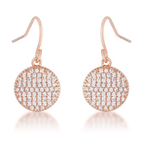 Rose goldtone plated disk earrings with round cubic zirconia stones on fish hook backs