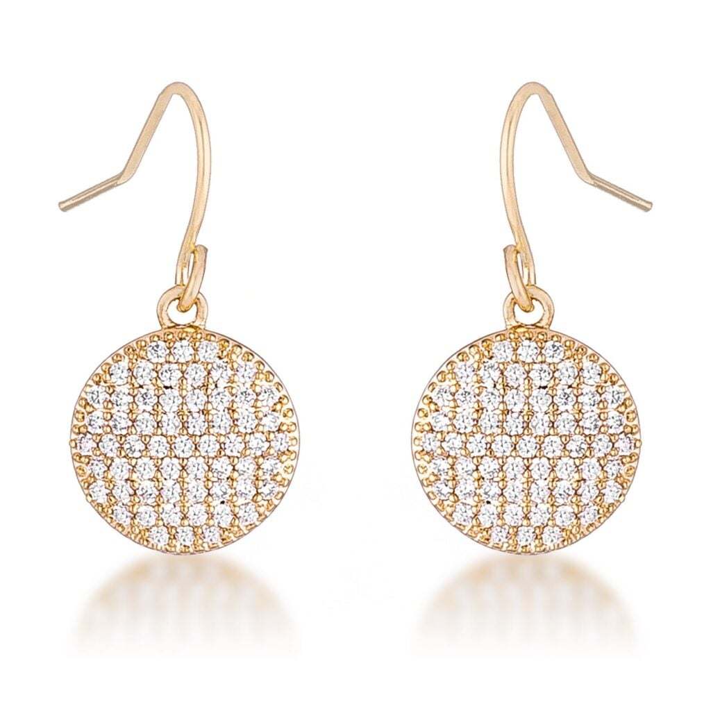 Gold-toned disk earrings set with small round cubic zirconia stones, shown against a plain background