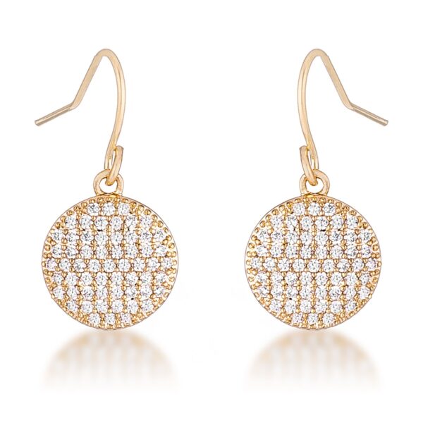 Gold-toned disk earrings set with small round cubic zirconia stones, shown against a plain background