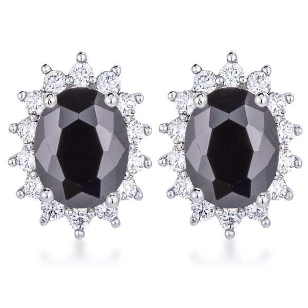 Rhodium plated petite oval earrings with black stones, shown against a plain background