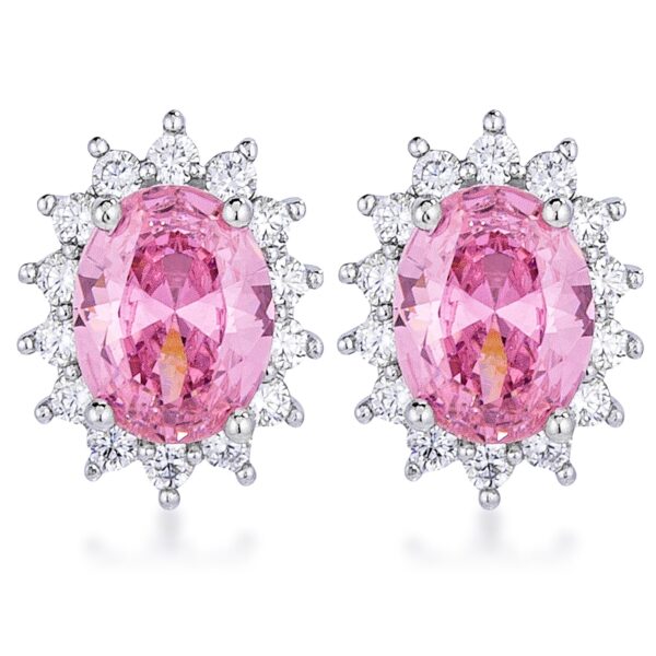 Pair of rhodium plated pink oval earrings shown against a plain background