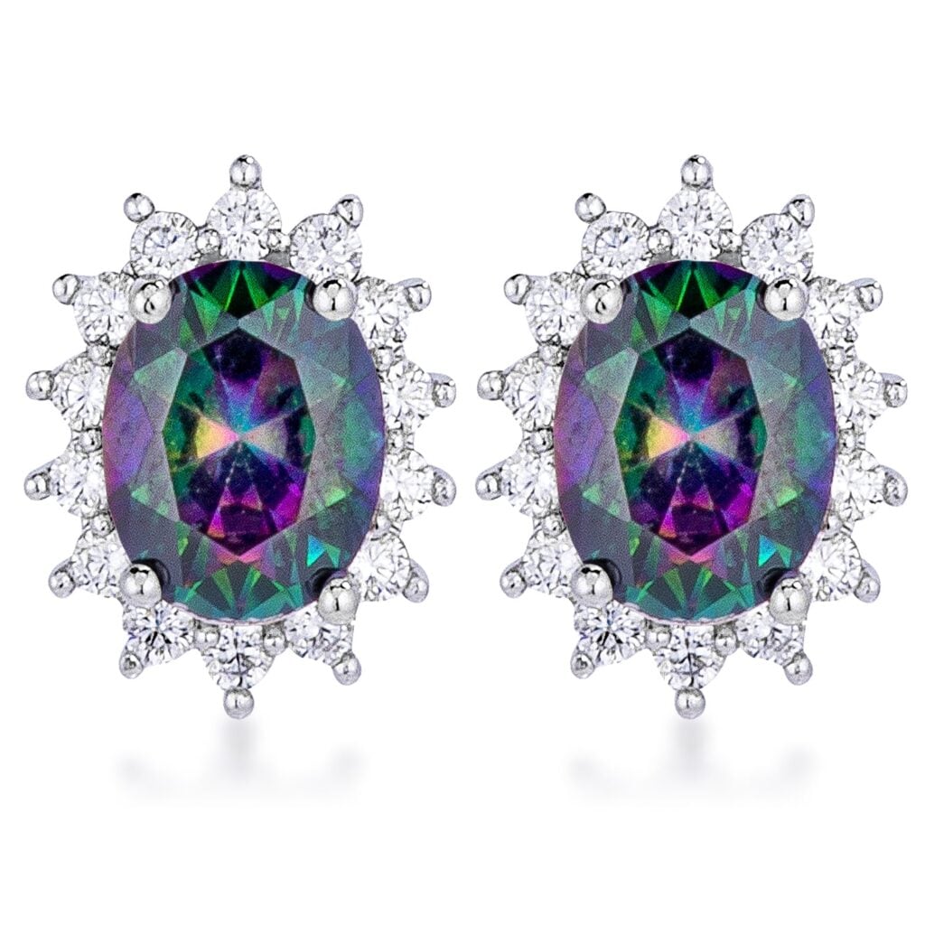 Pair of rhodium plated petite oval earrings with multi-color stones