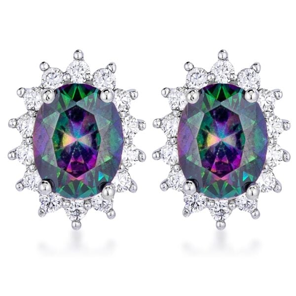 Pair of rhodium plated petite oval earrings with multi-color stones