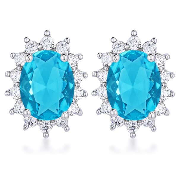 Pair of petite oval earrings with a blue stone center and silvertone rhodium plated finish