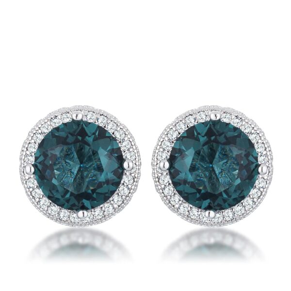 Pair of silvertone plated over rhodium plated halo earrings with blue circle-cut cubic zirconia stones