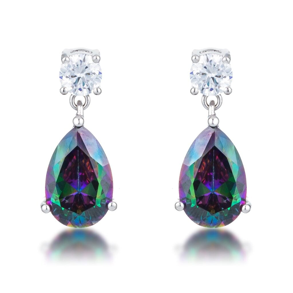 Teardrop earrings with mystic cubic zirconia stones in a silvertone plated over rhodium plated finish