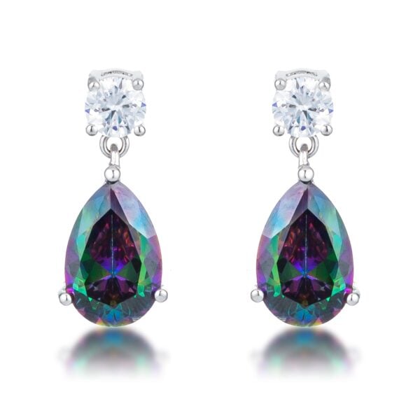 Teardrop earrings with mystic cubic zirconia stones in a silvertone plated over rhodium plated finish