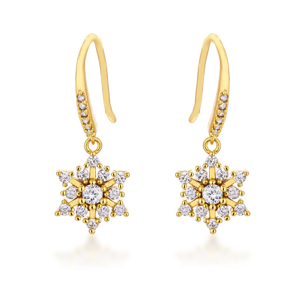 Gold plated snowflake drop earrings with clear cubic zirconia stones set against a plain background