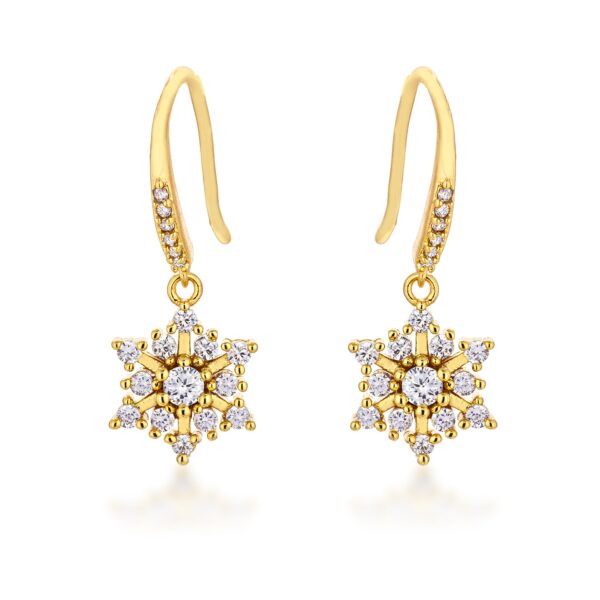 Gold plated snowflake drop earrings with clear cubic zirconia stones set against a plain background