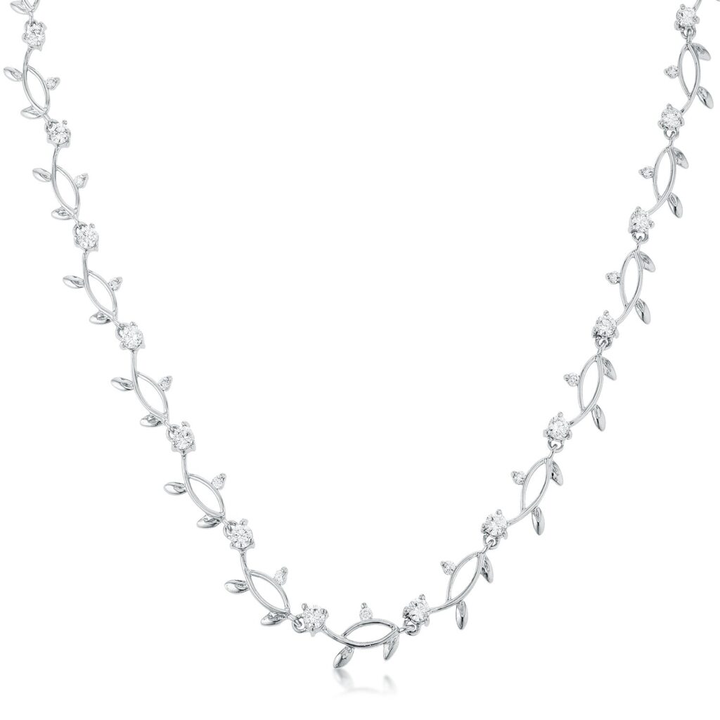 Pink cubic zirconia vineyard necklace in rhodium plated over lead free alloy (brass)