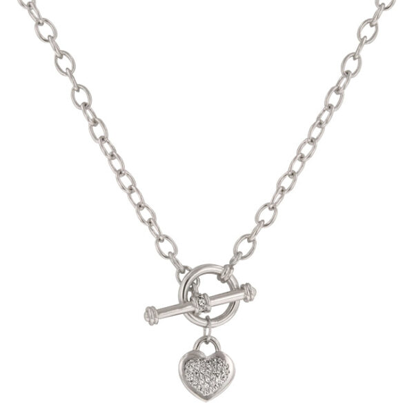 Rhodium plated heart pendant necklace with cubic zirconia stones and toggle clasp